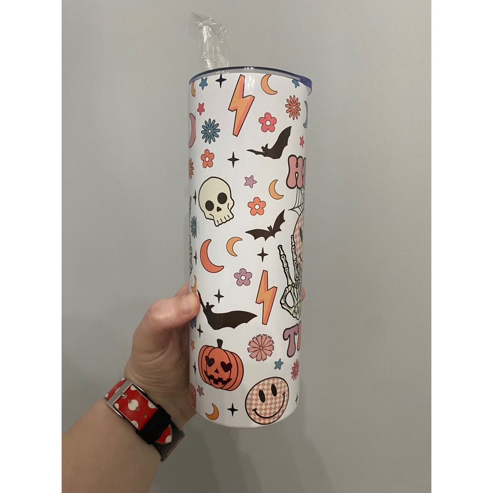 Halloween Tumbler Unisex 20oz White Here For The Boos Retro Groovy Disco Pumpkin - Picture 5 of 8